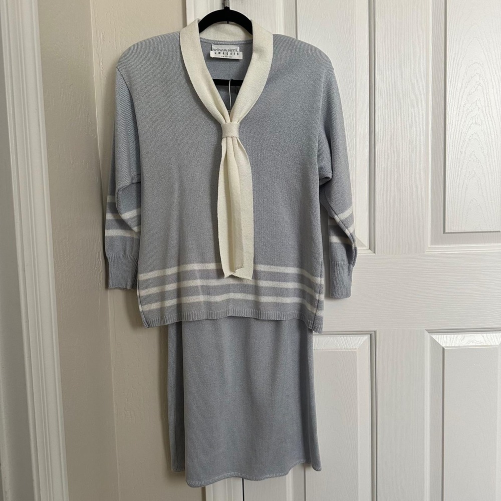 Vintage Vivanti for I. Magnin Knit Skirt Set Light Blue Nautical‎ Co-ord 10 P